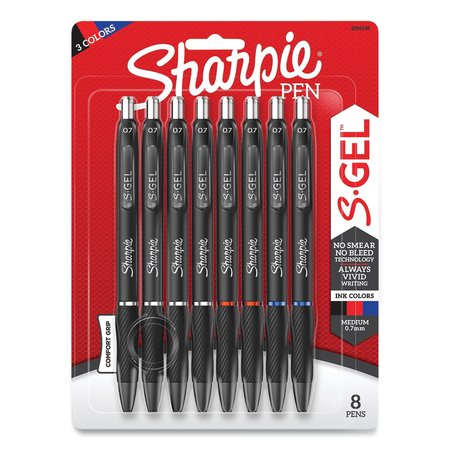 SHARPIE SGel HighPerformance Gel Pen, Retractable, Medium 07 mm, 3 Assorted Ink Colors, Black Barrel, 8PK 2096148/2126231